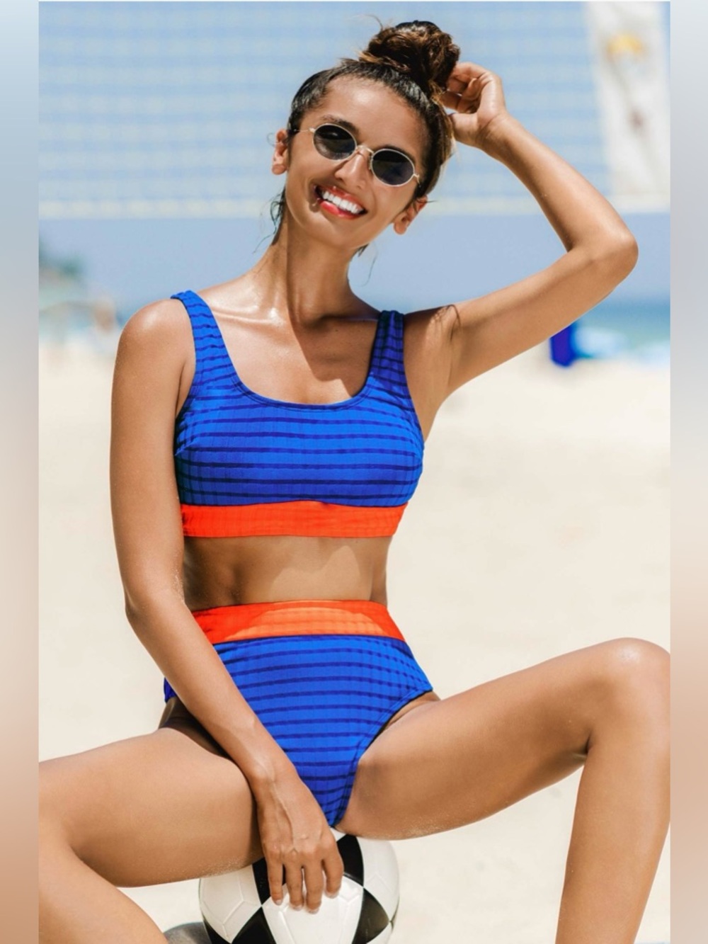 Cupshe Blue & Orange Striped High-Waist Bikini Set - Women's XS/SM